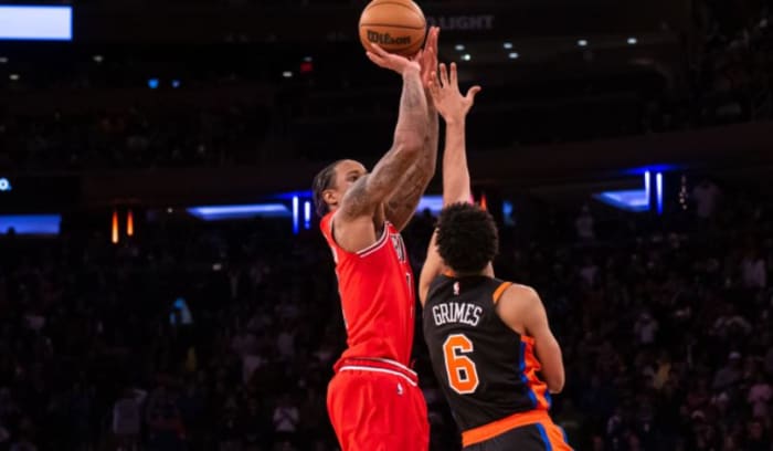 DeRozan puts up a shot against Quentin Grimes last season at Madison Square Garden